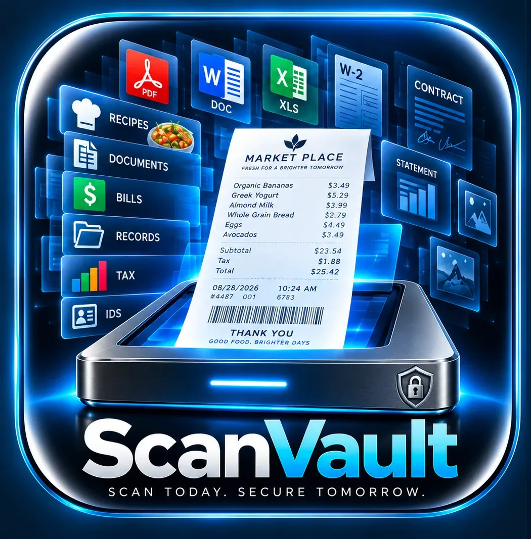 ScanVault scanner pulling a receipt into a vault of categorized documents: recipes, bills, records, tax, IDs, PDFs, spreadsheets, and contracts.